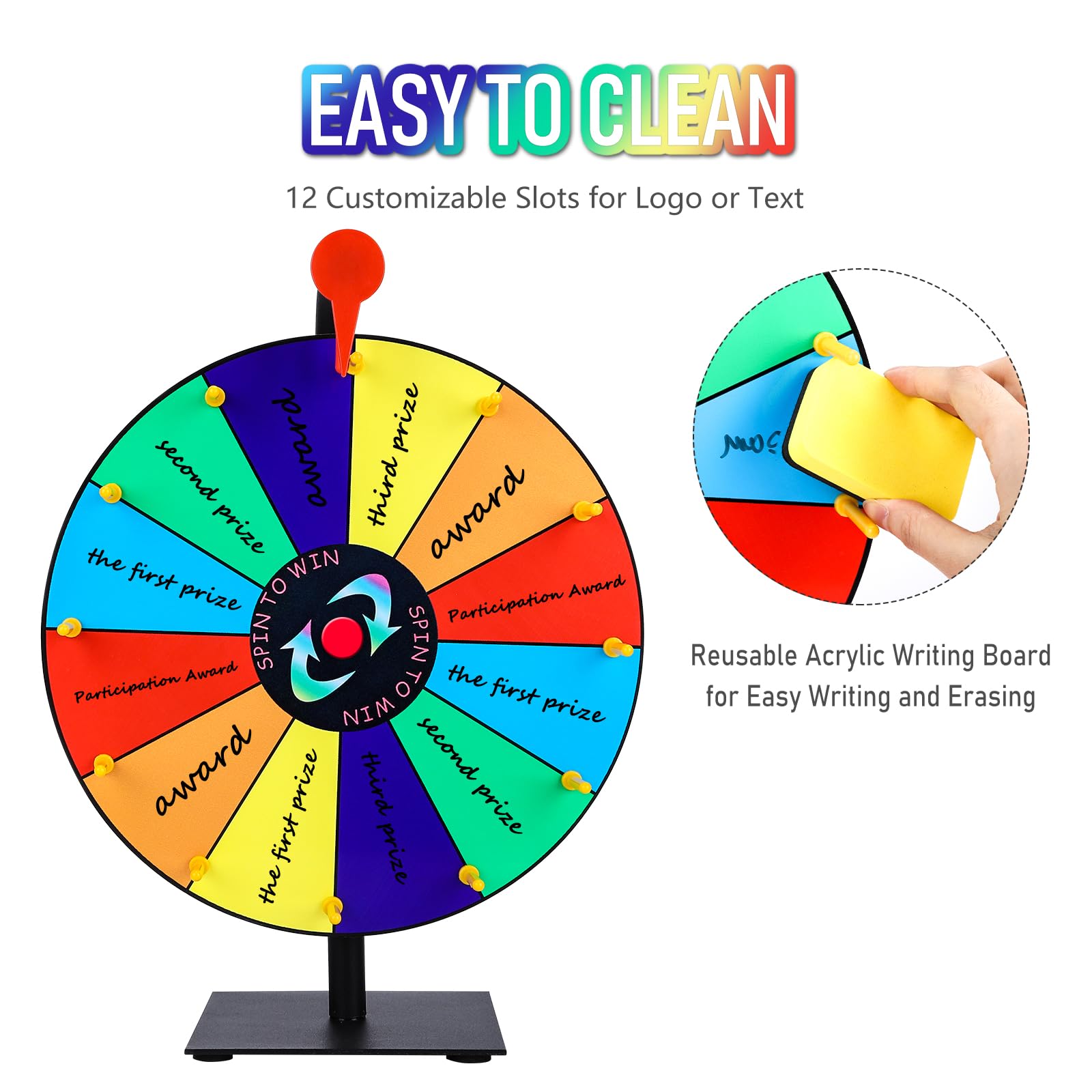 Seqiuay prize wheel dry-erase surface allows quick prize updates.