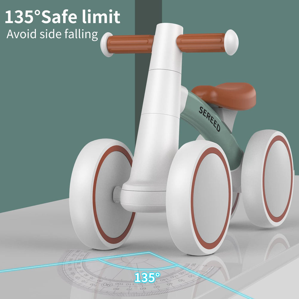 SEREED Balance Bike green indoor view illustrates safe use on indoor floors