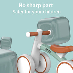 SEREED Baby Balance Bike green kid using image shows lightweight carry for caregivers