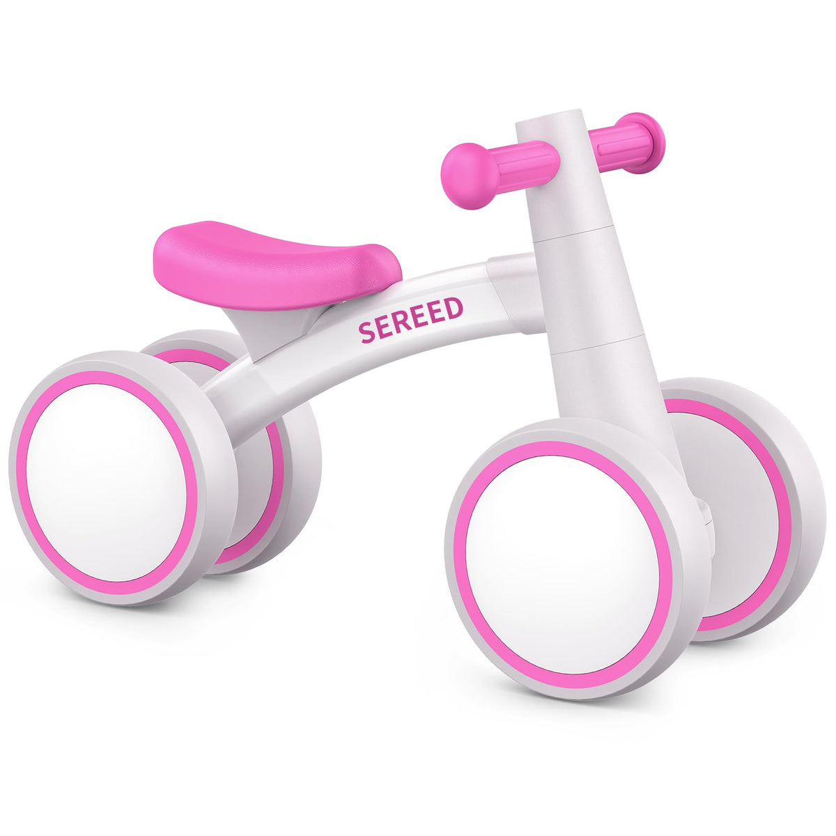 SEREED Rose baby balance bike side view shows safe four-wheel design for toddlers.
