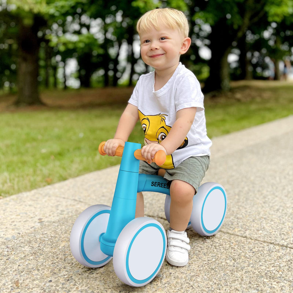 SEREED balance bike blue wheels close-up showing non-slip tires