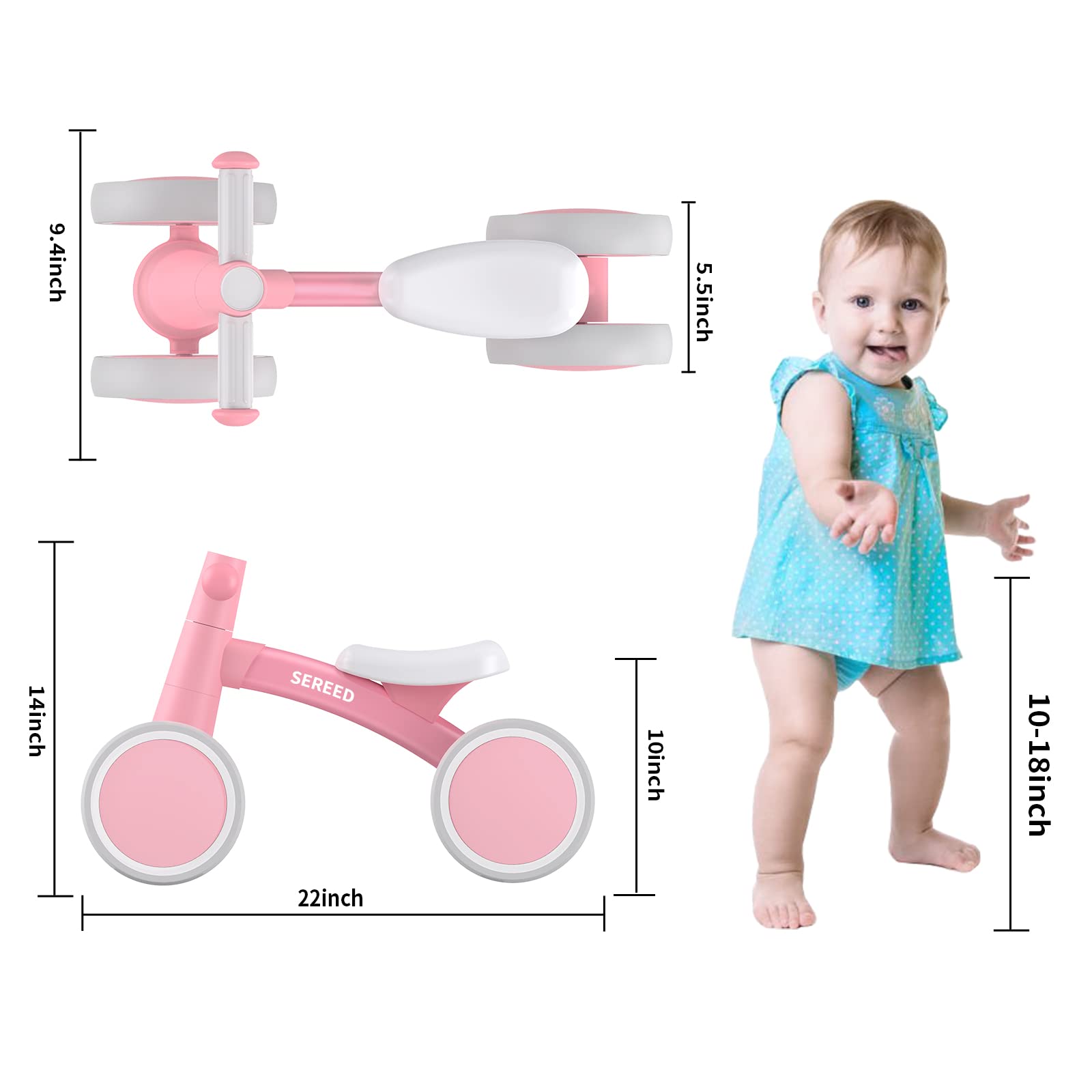 SEREED balance bike seat close-up shows soft padding for comfy rides