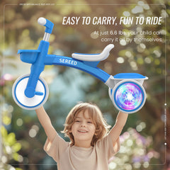 SEREED Colorful Lighting Toddler Tricycle blue front basket for toys and snacks.