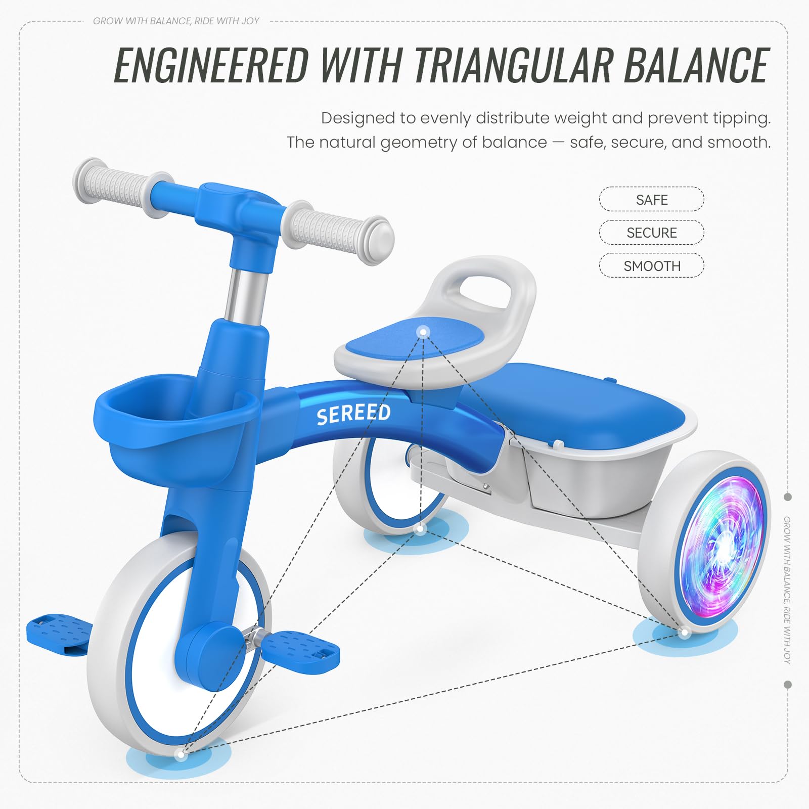 SEREED Colorful Lighting Toddler Tricycle blue rear glow wheels in motion.