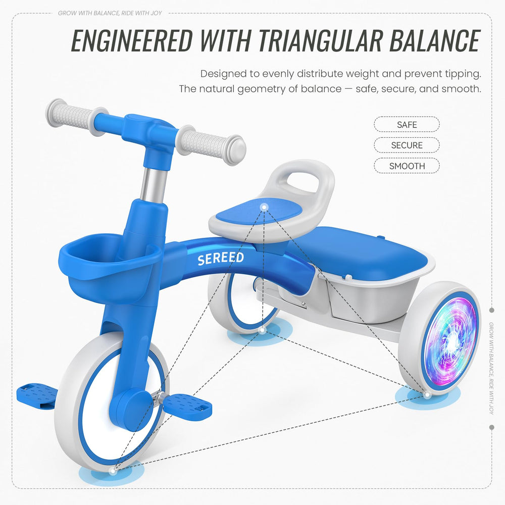 SEREED Colorful Lighting Toddler Tricycle blue rear glow wheels in motion.