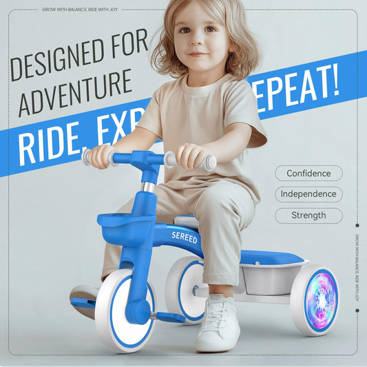 SEREED Colorful Lighting Toddler Tricycle blue side view with lightweight frame and glow wheels.