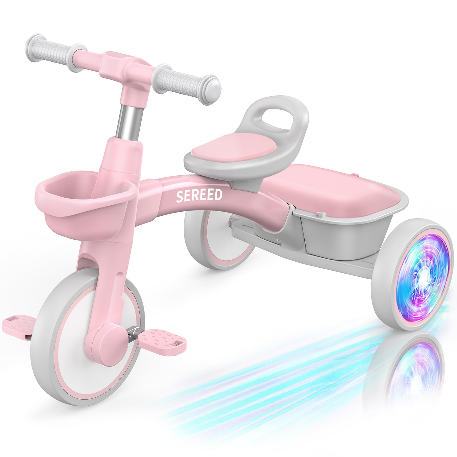 SEREED pink front view tricycle highlights quick assembly and ride readiness