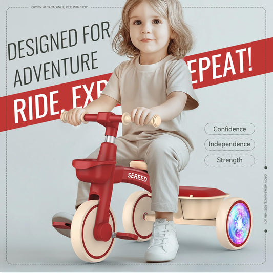 SEREED tricycle adjustable seat demonstrates growth-friendly design for toddlers