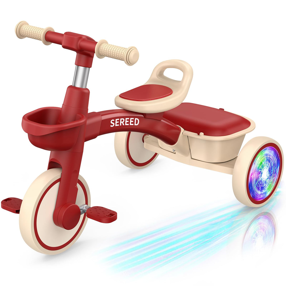 SEREED tricycle front view shows compact red frame, ideal for beginner riders