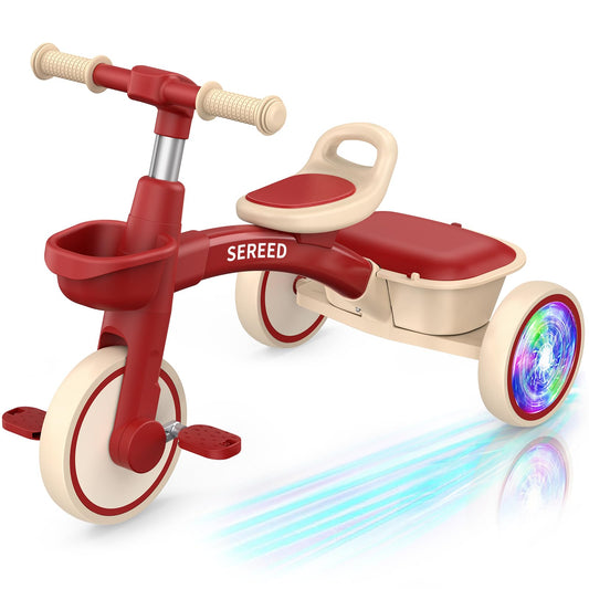 SEREED tricycle front view shows compact red frame, ideal for beginner riders