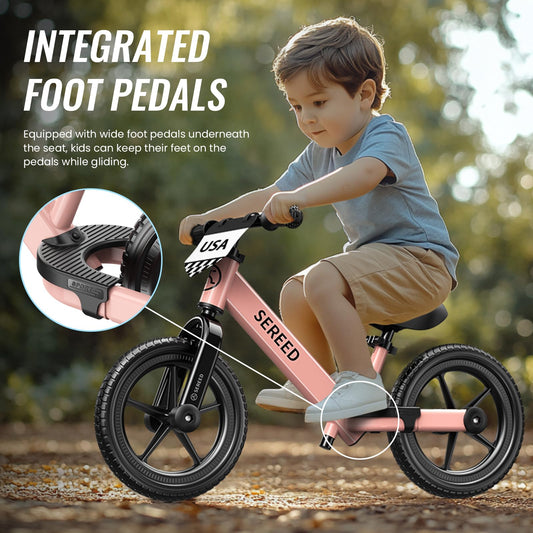 SEREED balance bike adjustable seat for growing kids without tools.