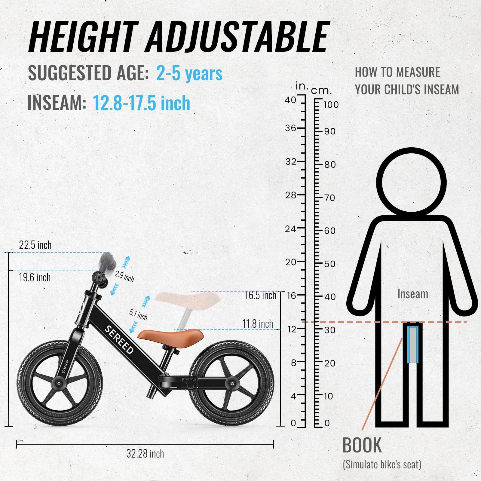 SEREED balance bike handlebar height adjustable for comfortable steering.