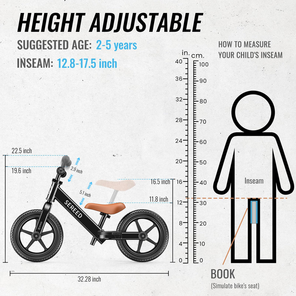 SEREED balance bike handlebar height adjustable for comfortable steering.