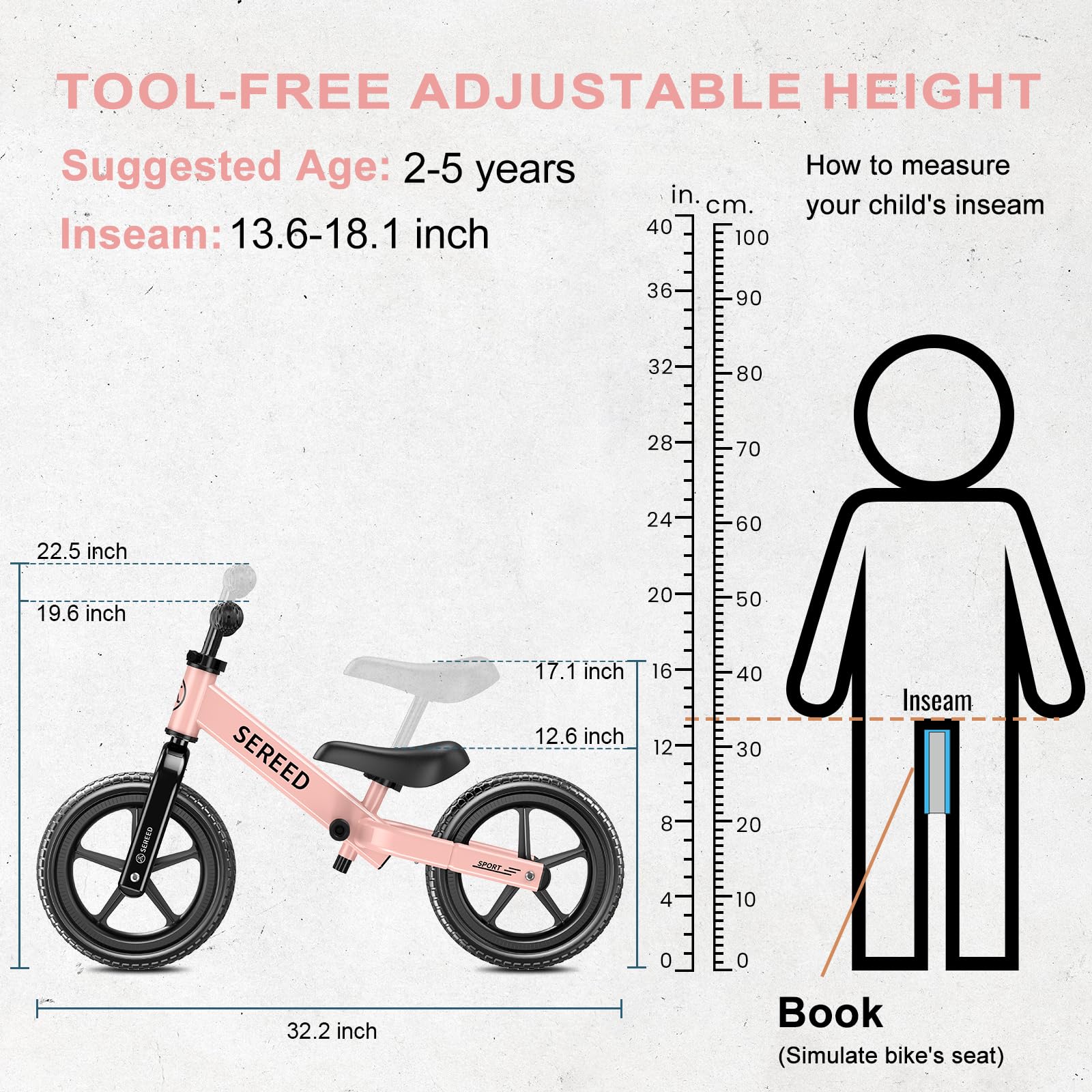 SEREED quick-adjust system enables tool-free height changes for seat and handlebars.