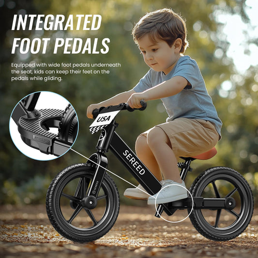SEREED balance bike seat height adjustable with quick-release for growing kids.