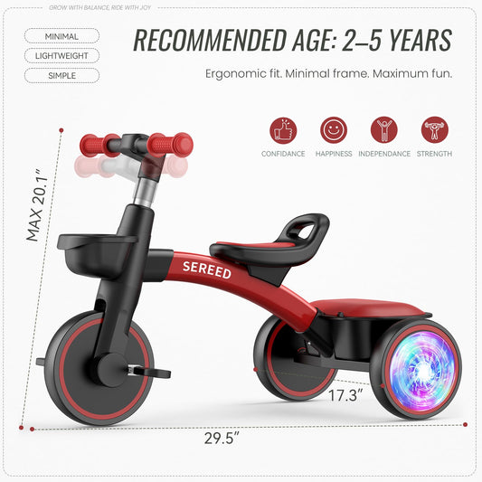 SEREED Tricycle red side view, showcasing smooth ride for growing riders