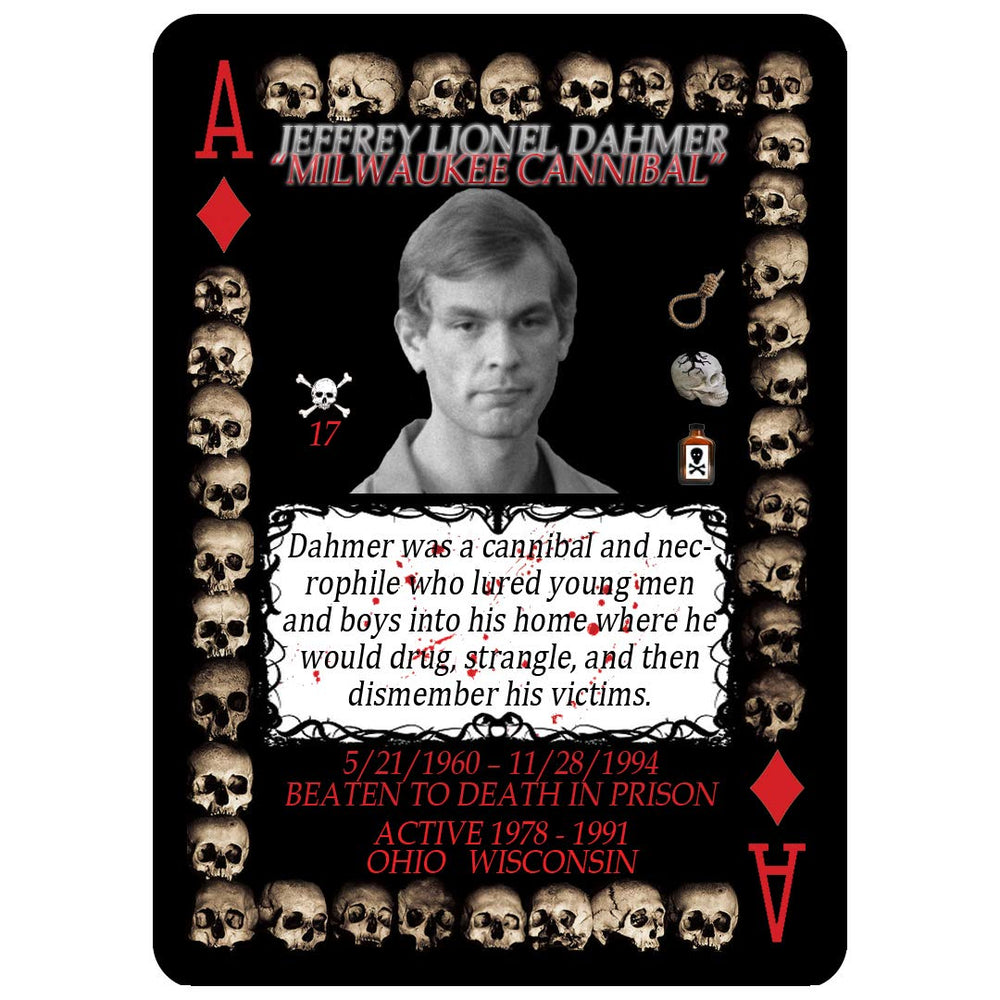 Serial Killer Cards: Ted Bundy card shows alias and biography for strategic card reveals.
