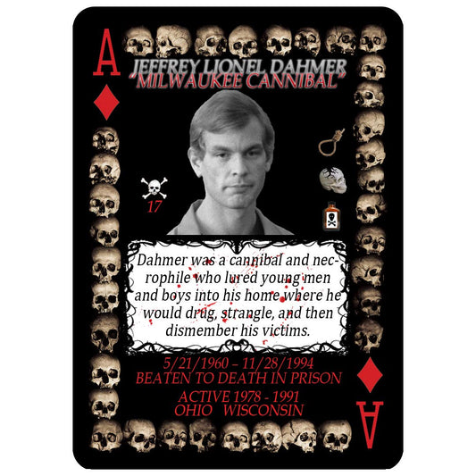 Serial Killer Cards: Ted Bundy card shows alias and biography for strategic card reveals.
