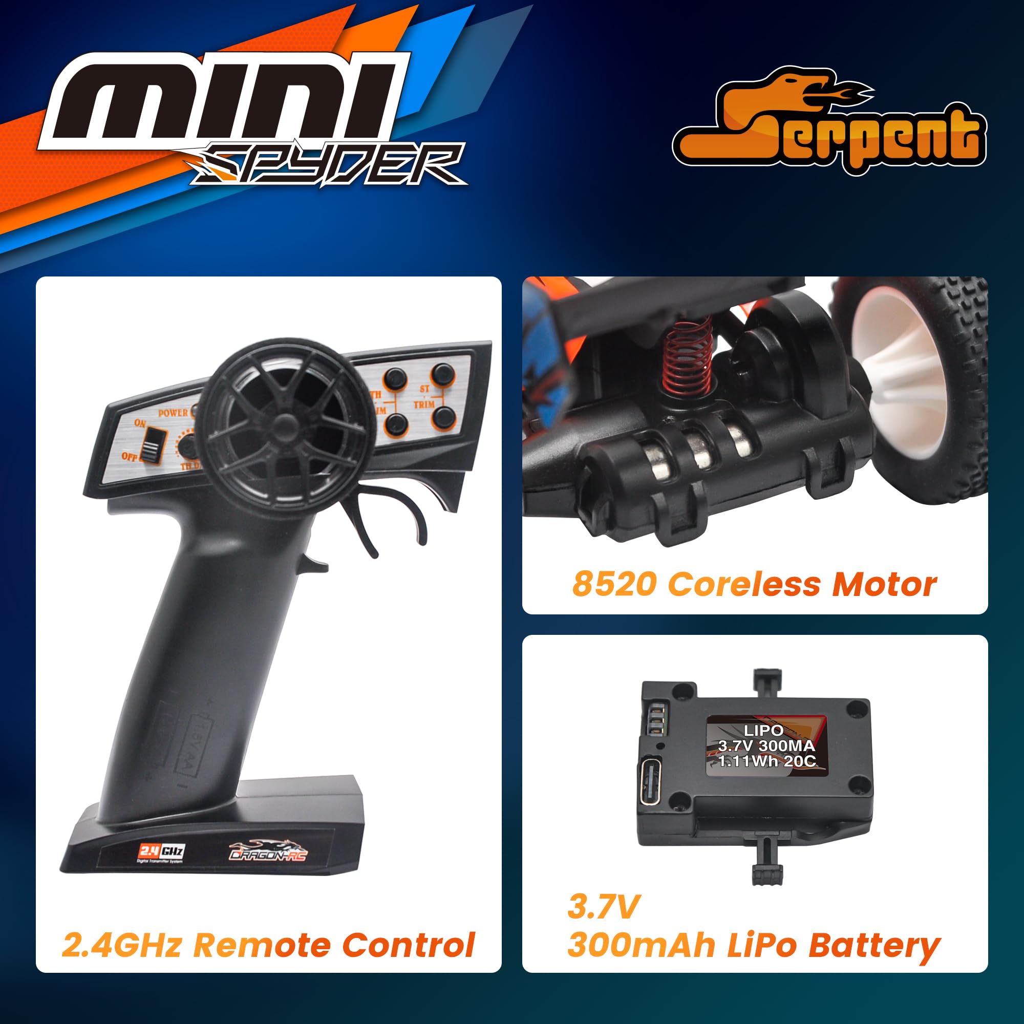 Serpent Mini Spyder RTR gyro enables steady steering on rough terrain.