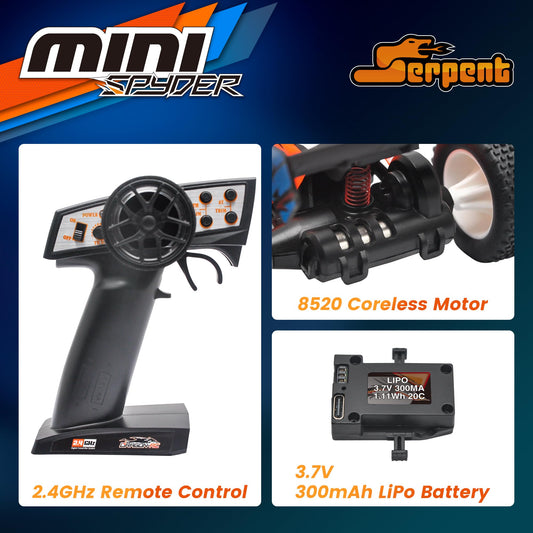 Serpent Mini Spyder RTR gyro enables steady steering on rough terrain.