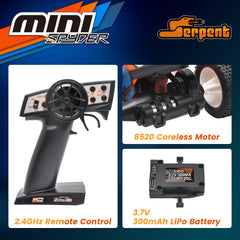 Serpent Mini Spyder RTR gyro enables steady steering on rough terrain.