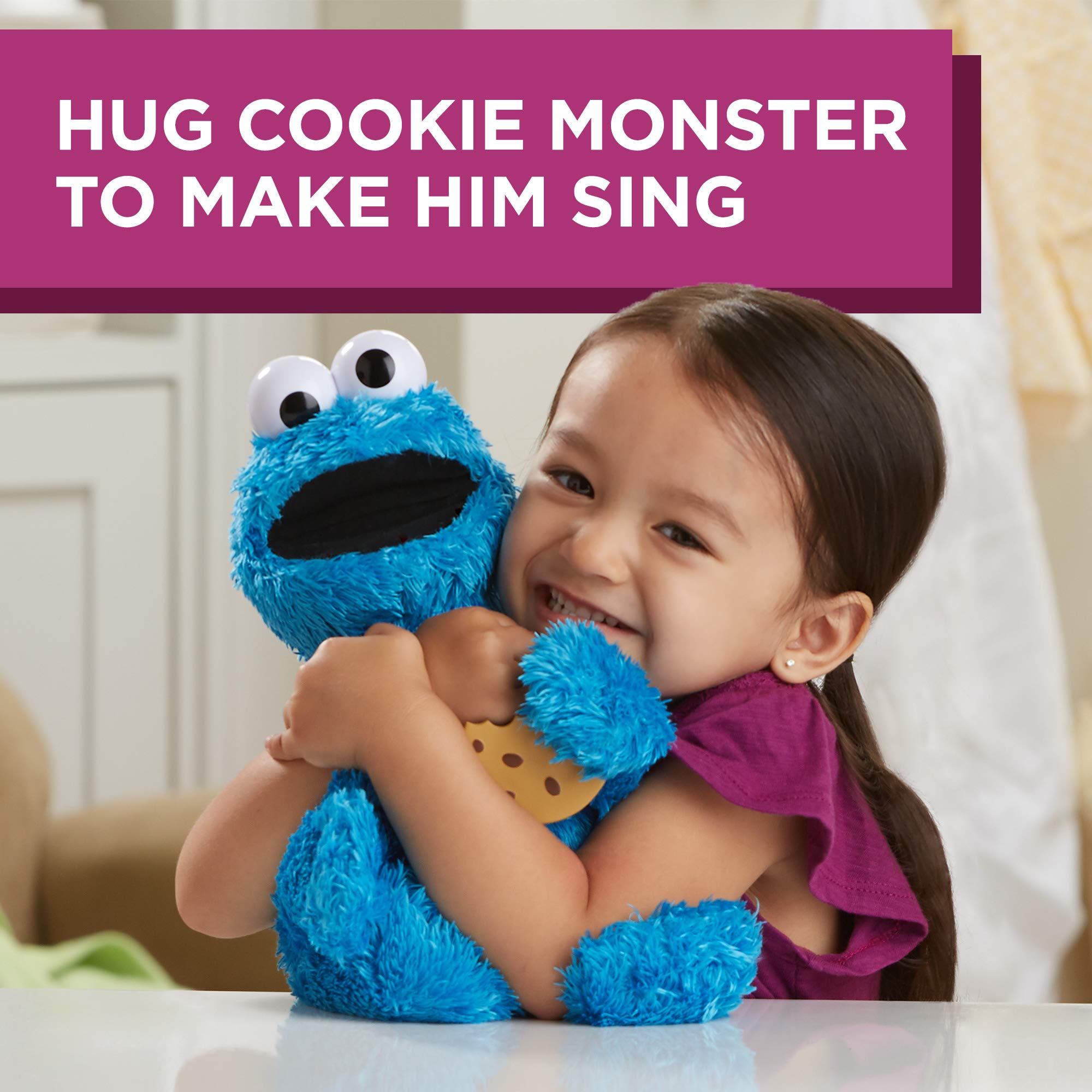 Sesame Street Cookie Monster plush prompts pretend feeding with cookie in hand