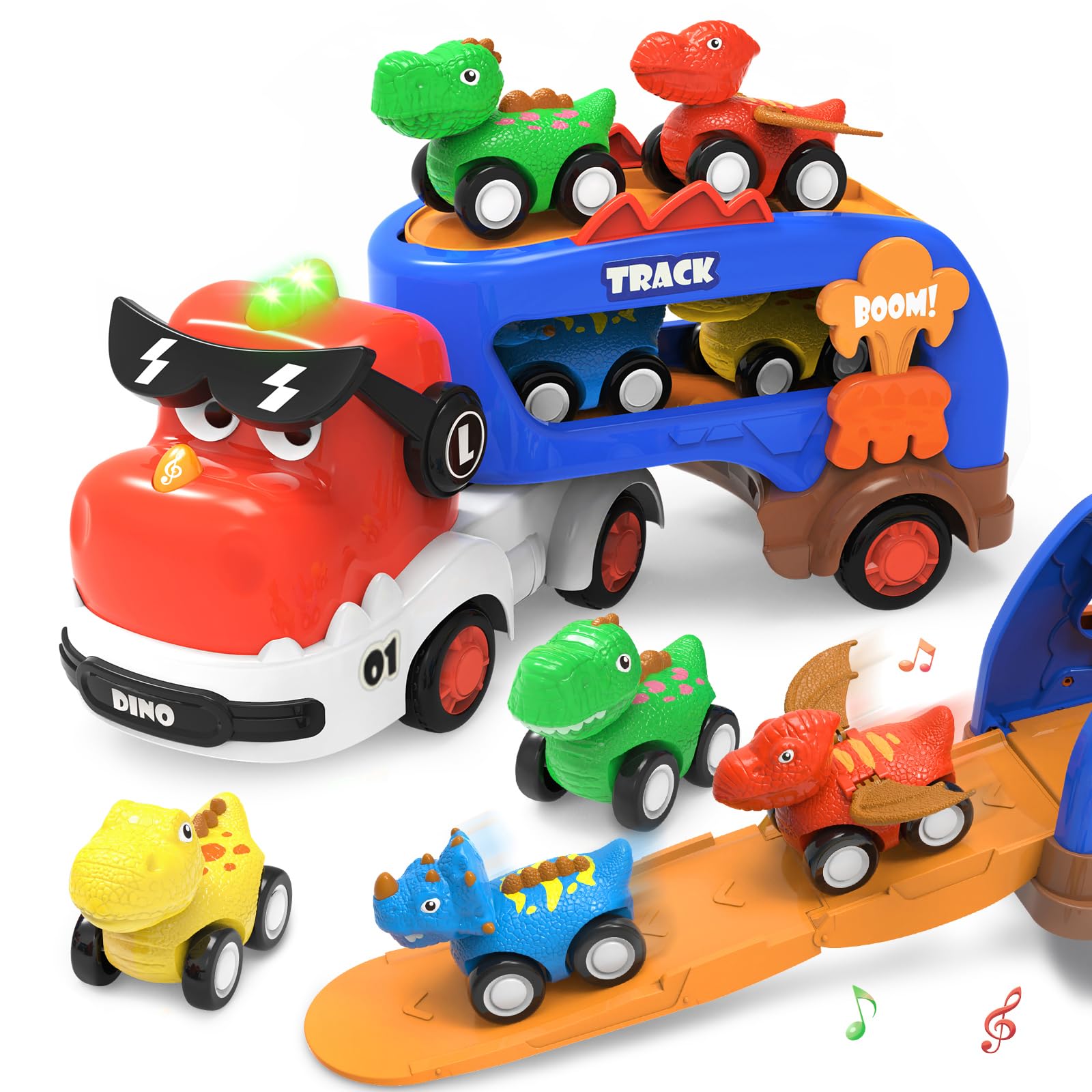Seveclotree dinosaur trucks set front view showing 5-in-1 play for toddlers