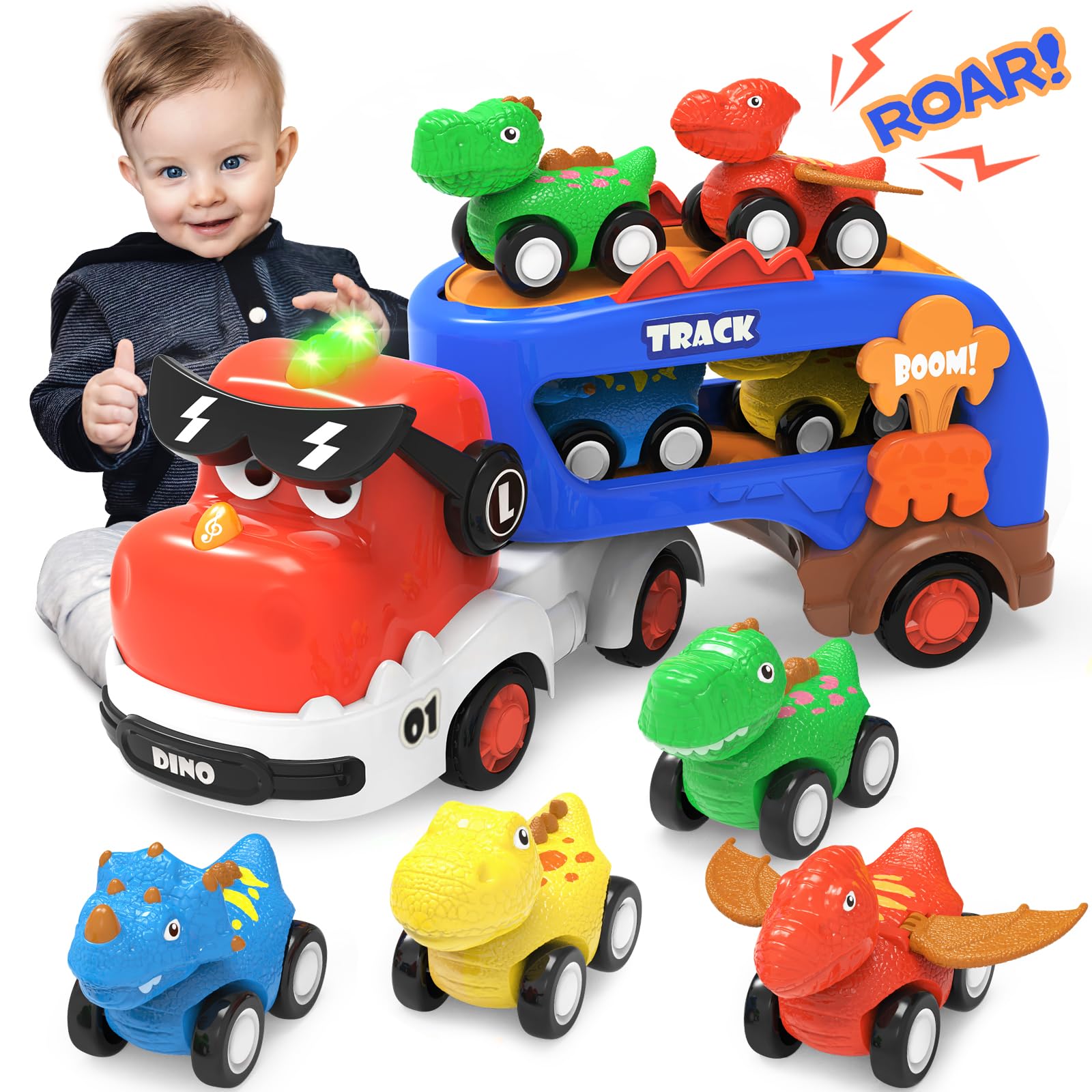 Seveclotree dinosaur trucks set side view highlighting mini cars