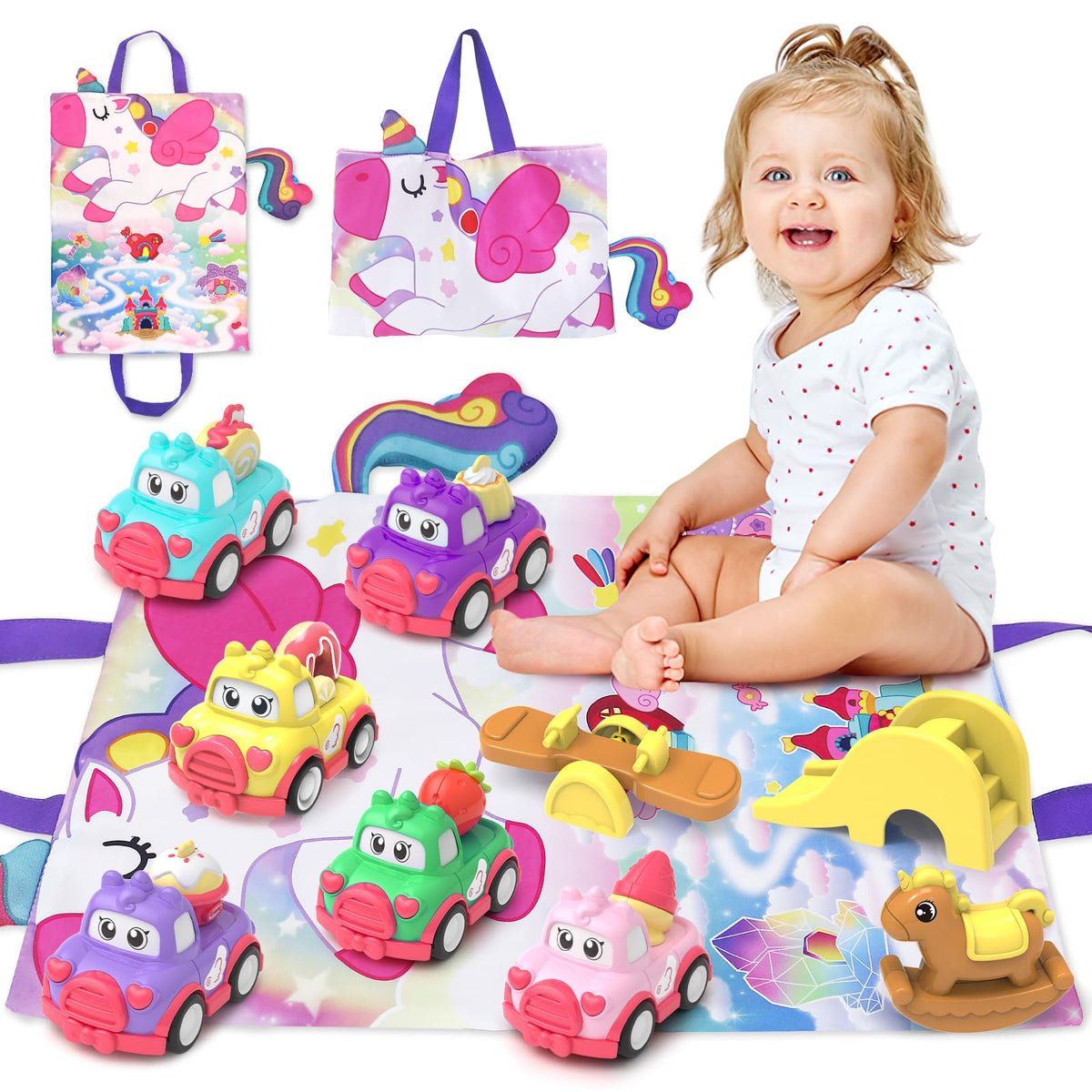 Seveclotree toddler cars on a playmat for imaginative play