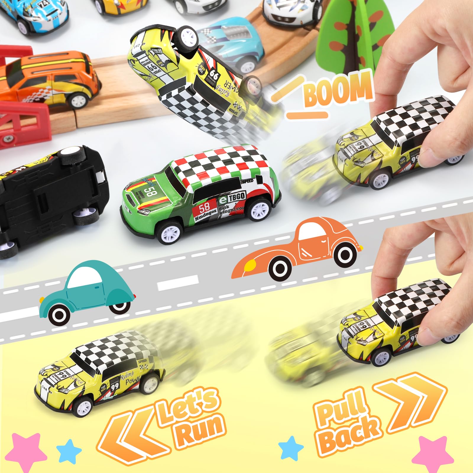 Child enjoys SevenQ cars racing across the floor during pretend play.