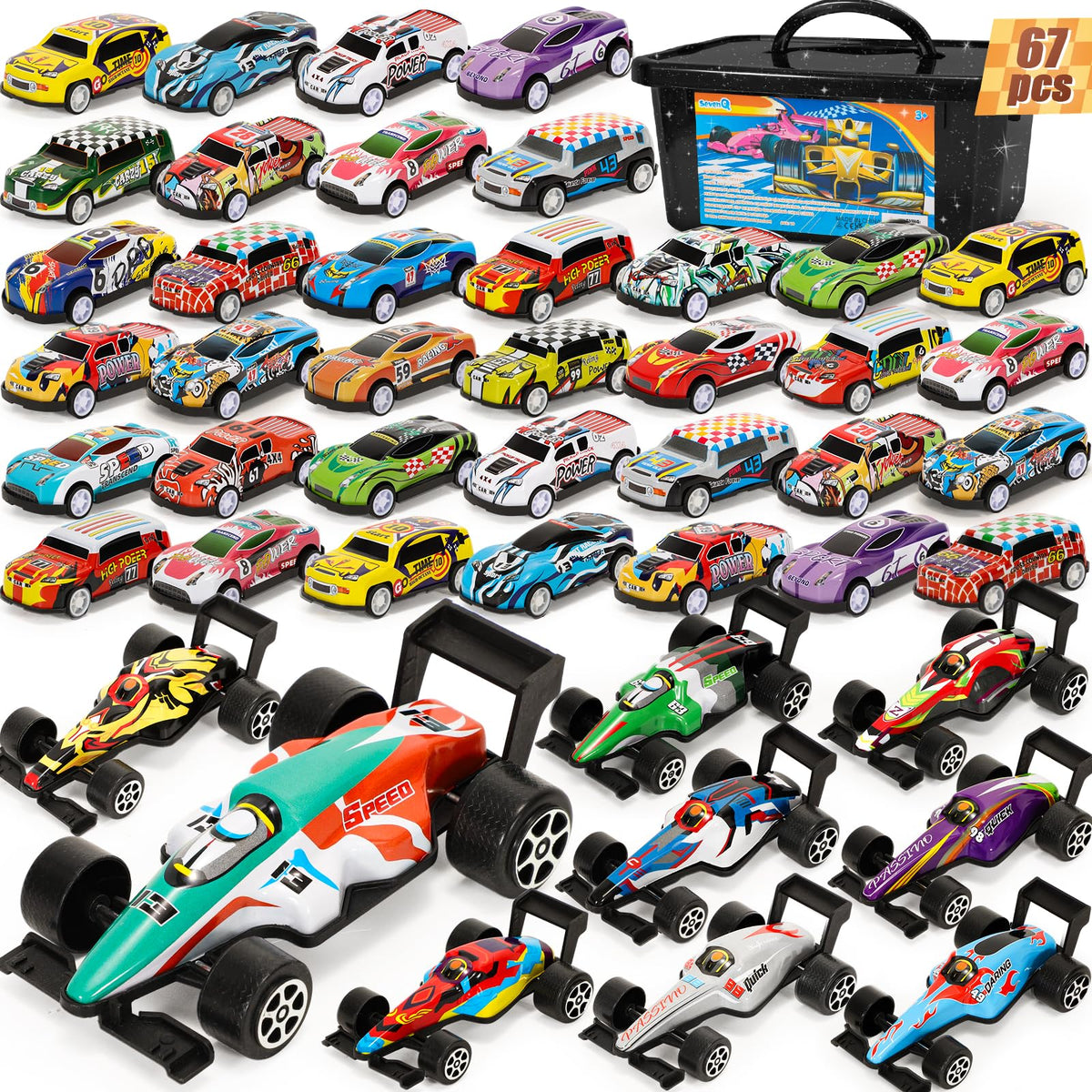 SevenQ pull-back race cars with storage box for classroom parties.