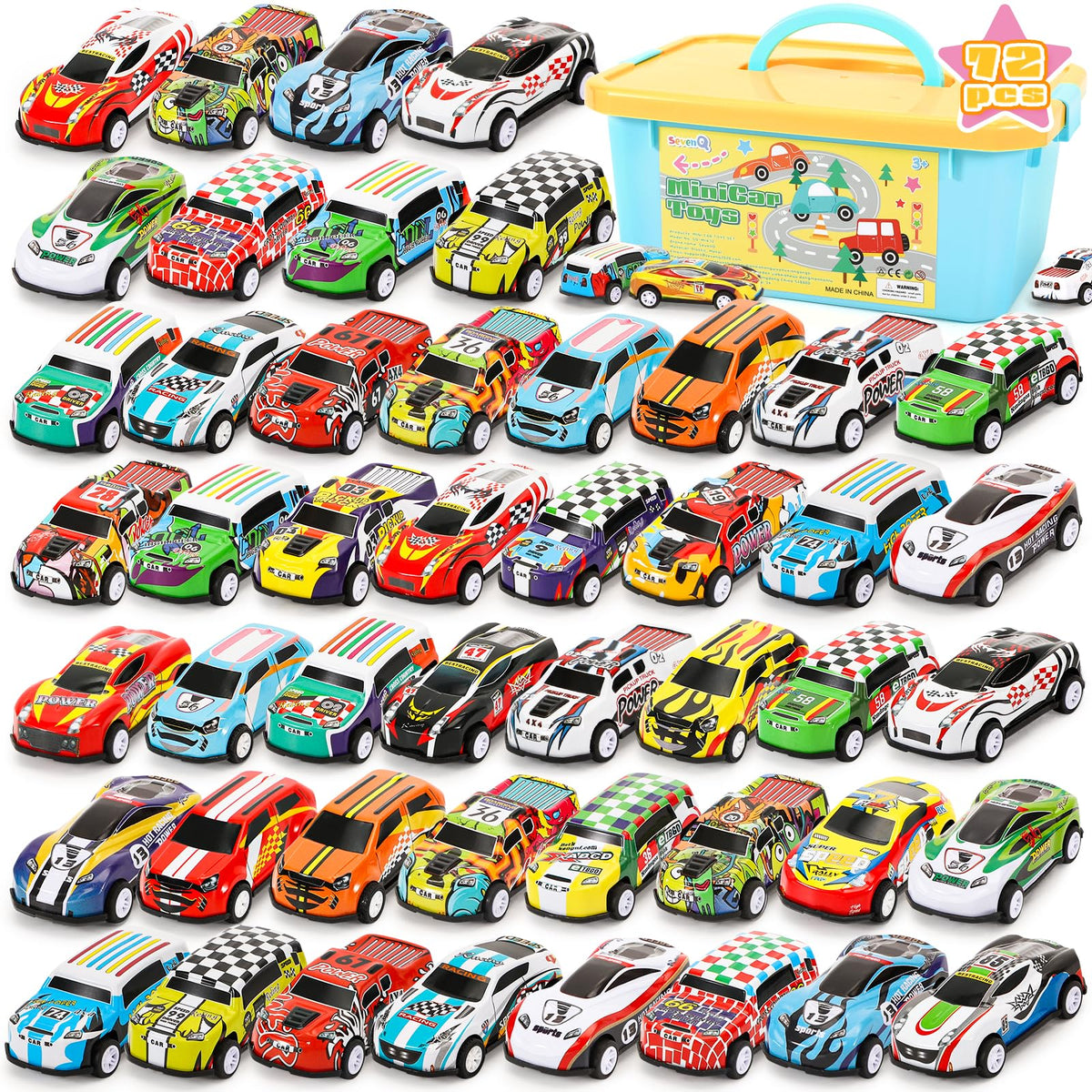 SevenQ pull-back cars 72-piece set with storage box for easy play.