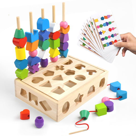 Sewulidon 3 in 1 wooden sorting toy with beads enhances color and shape recognition during play.