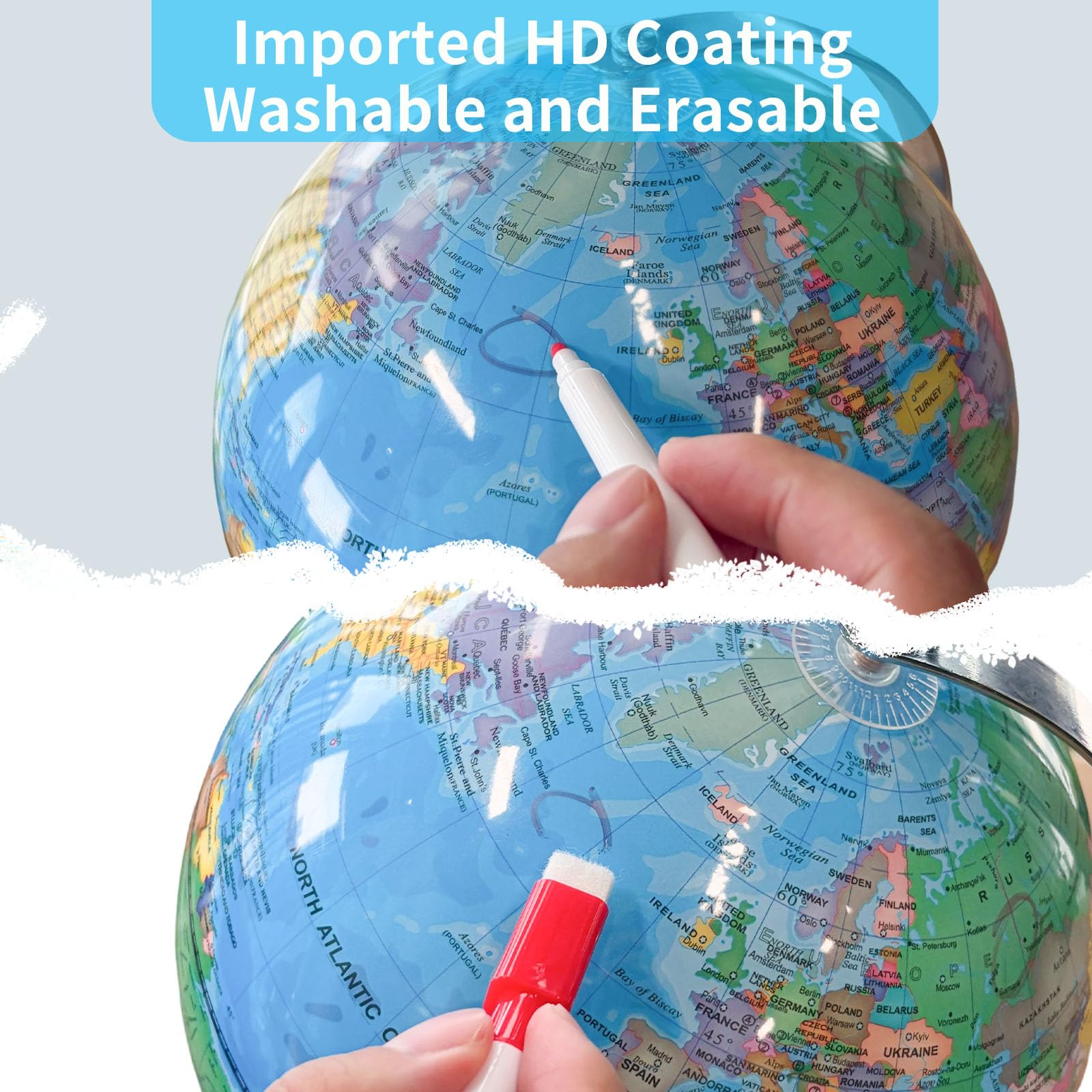 The rewritable surface lets kids mark locations with a pen.