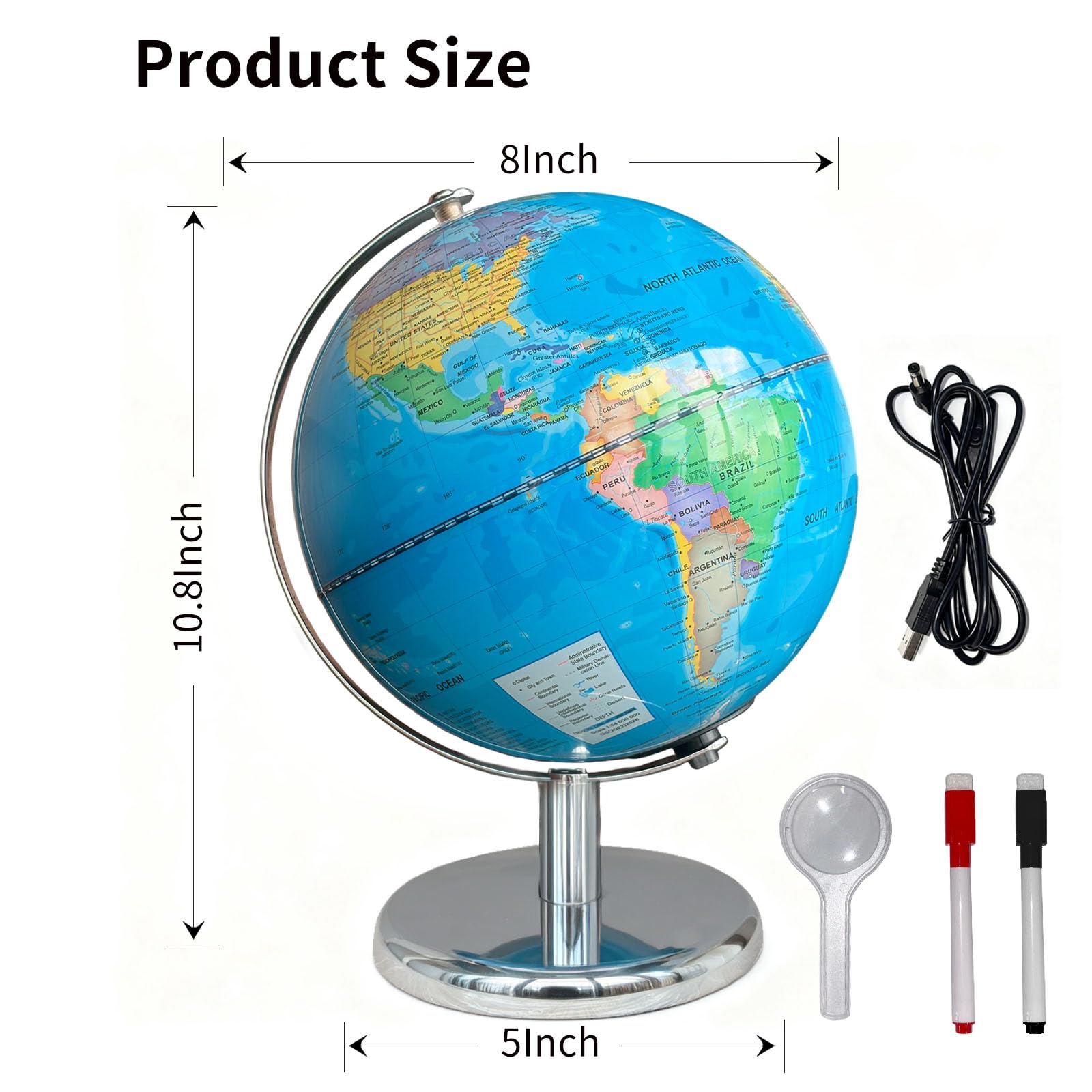 Sexacohu globe with a stable metal base minimizes wobble during rotation.