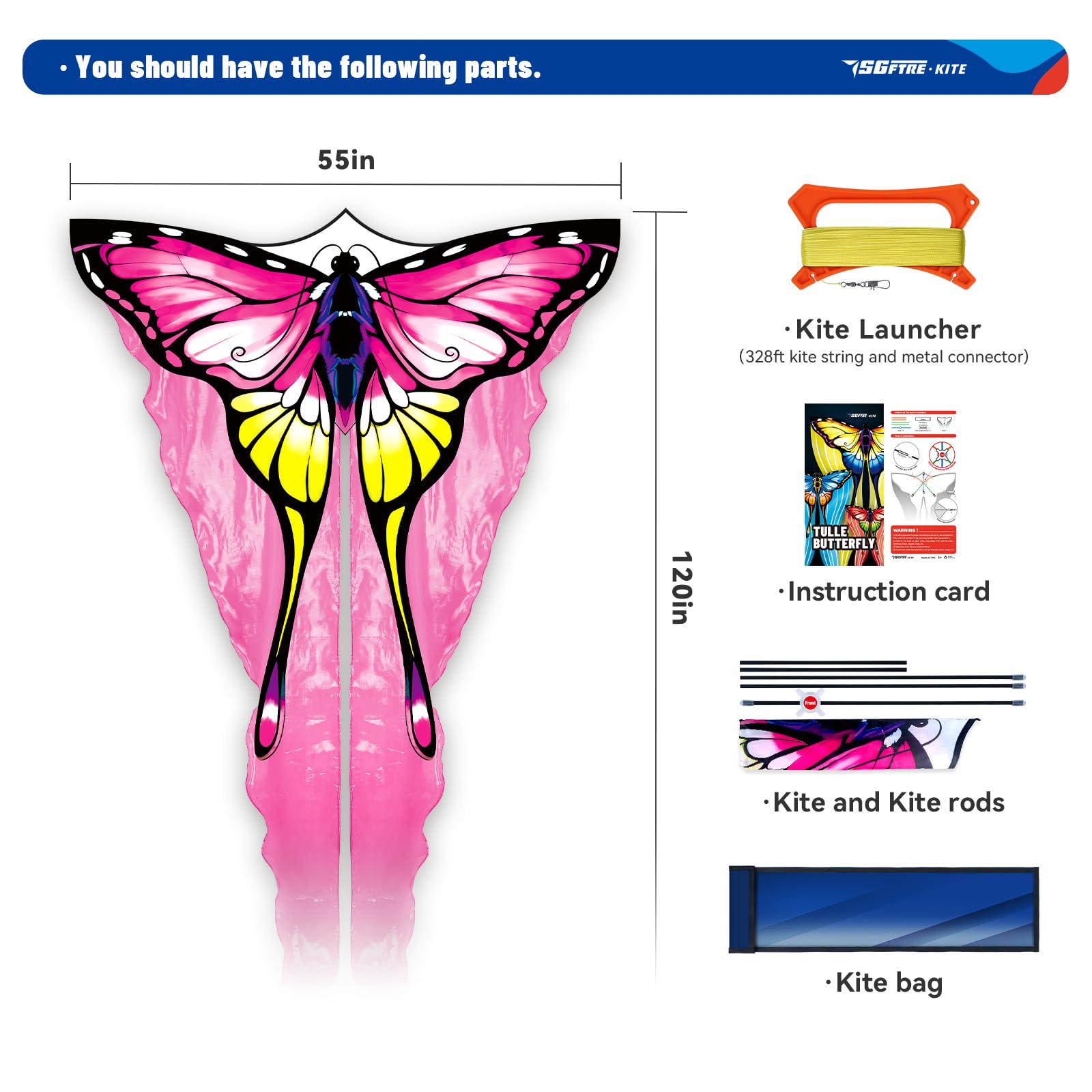 SGftre Tulle Butterfly Pink Kite size 55x114 inches for easy launches
