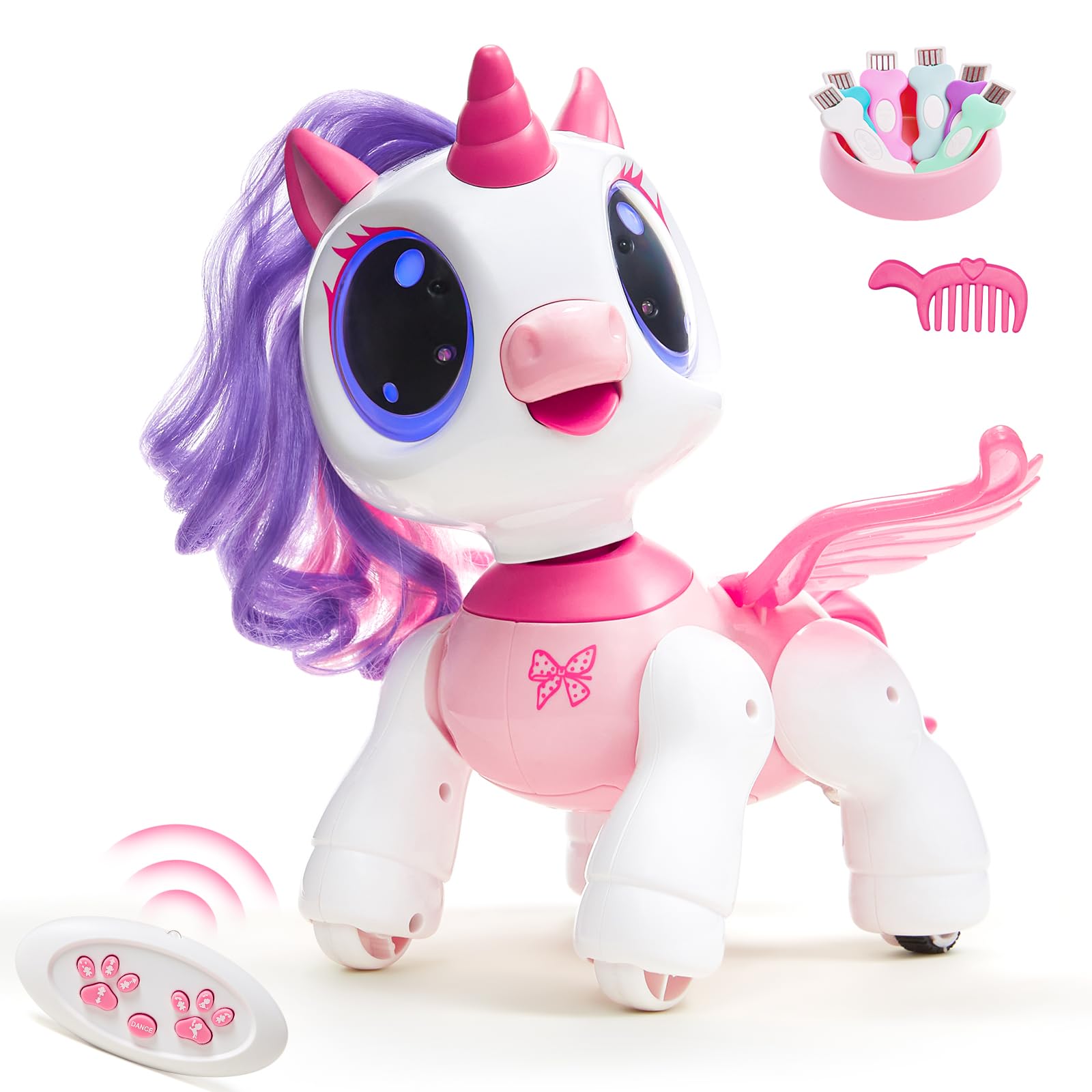 SGILE unicorn robot in pink demonstrates gesture control for intuitive play