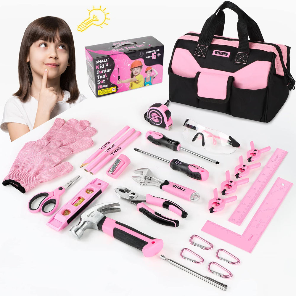 SHALL 26-piece kids tool set with pink bag promotes kid-friendly hands-on learning.