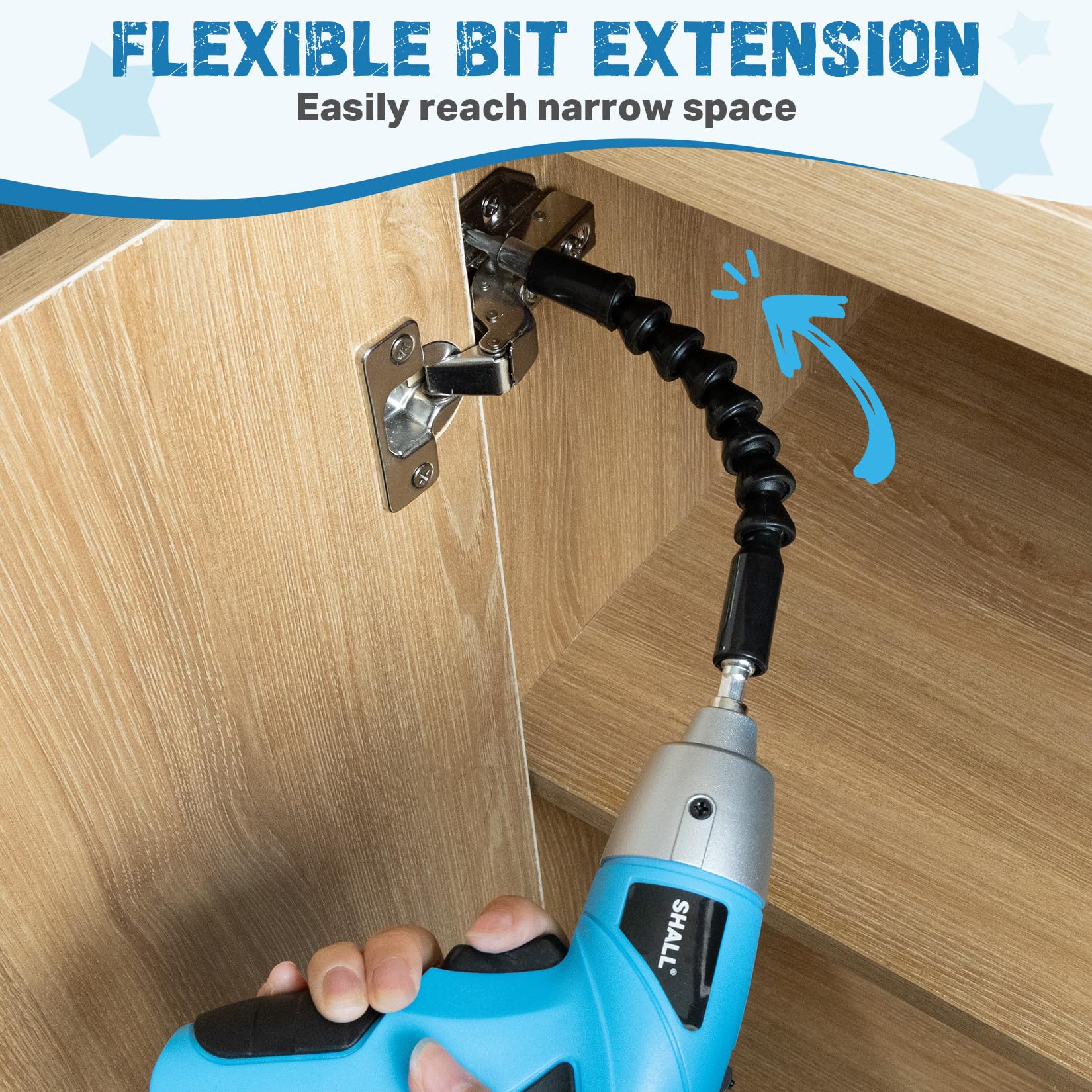 SHALL drill with flexible extension improves access at awkward angles
