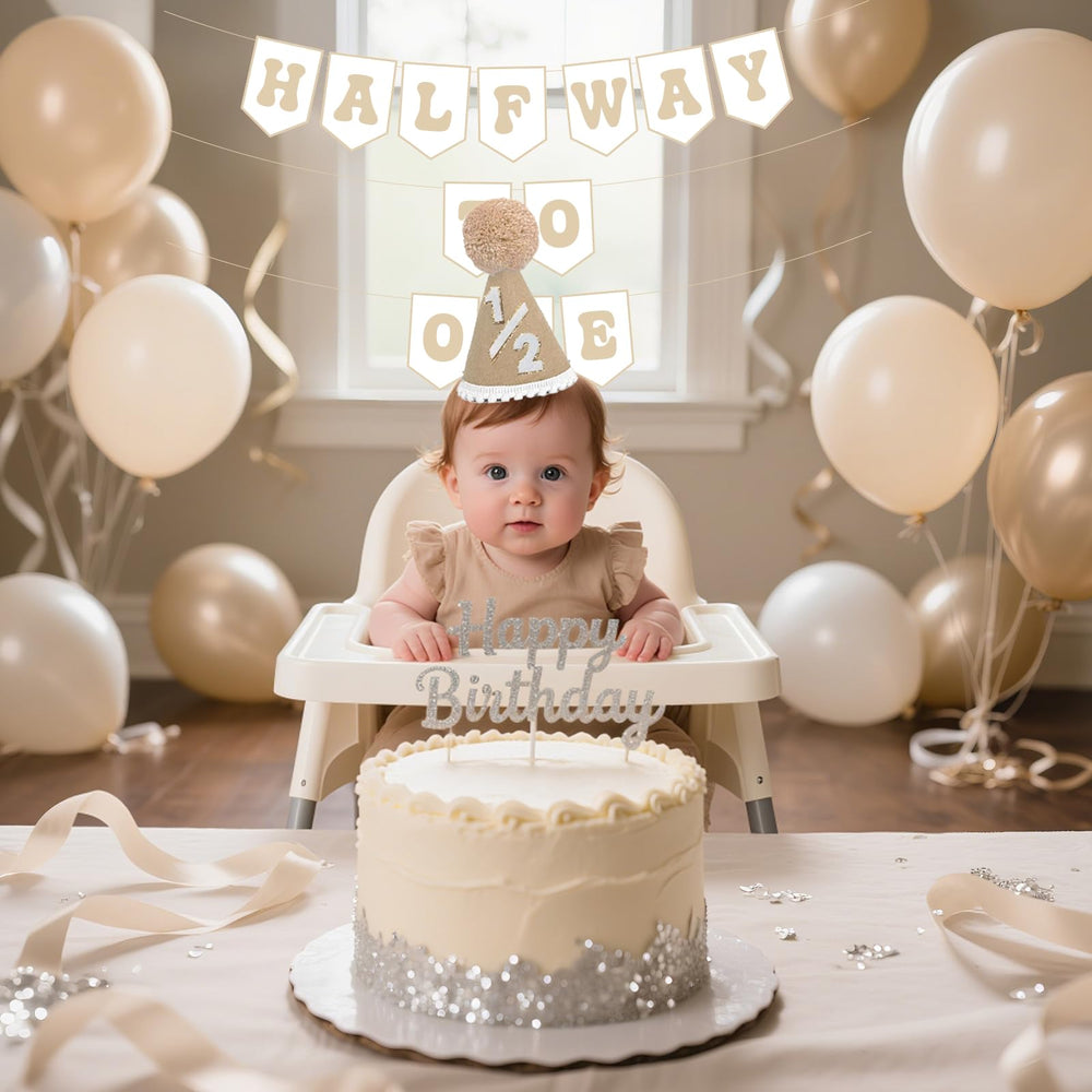 Shanmorine beige half-way-to-one banner creates a charming milestone backdrop