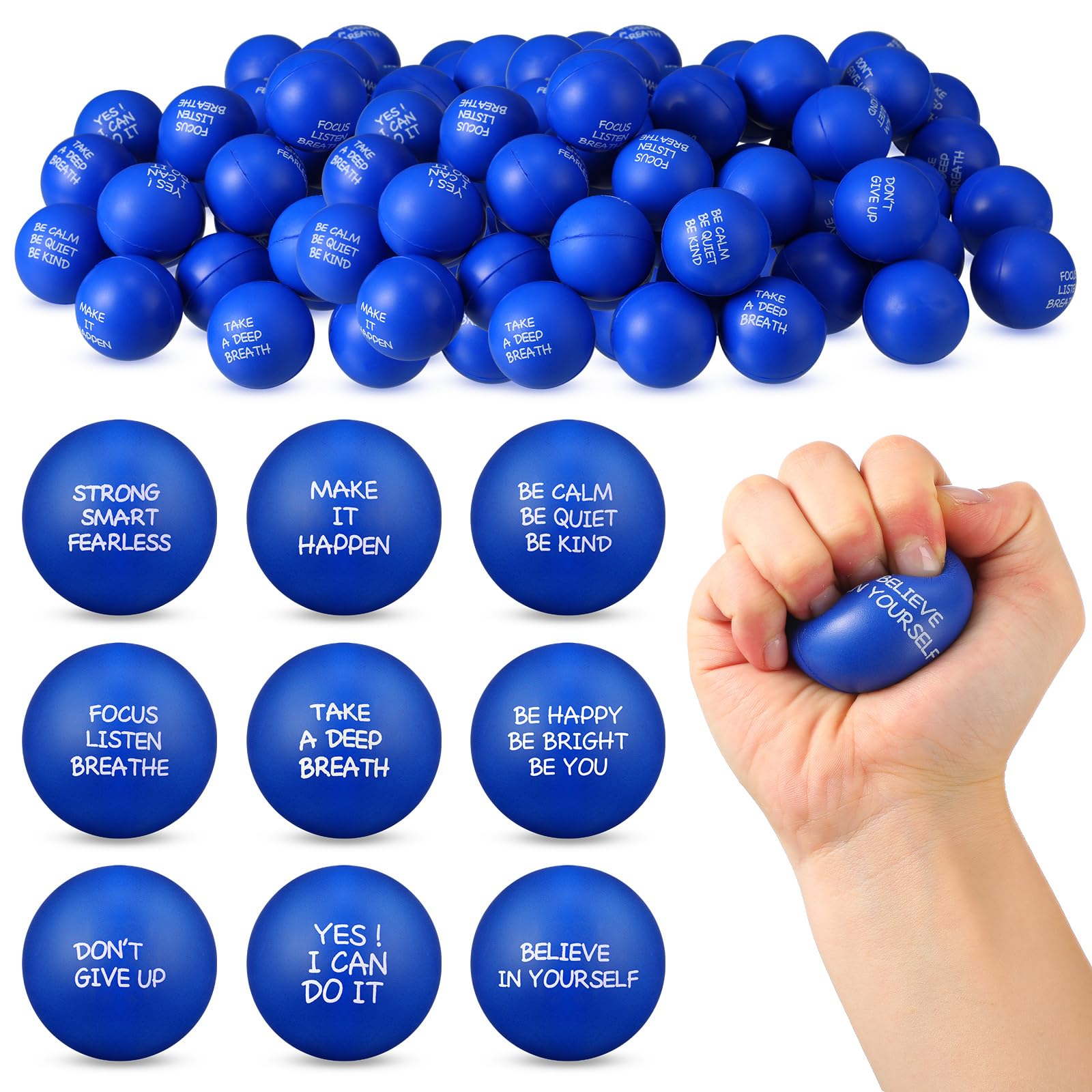 Shappy blue inspirational stress ball with quote promotes calm focus during breaks.