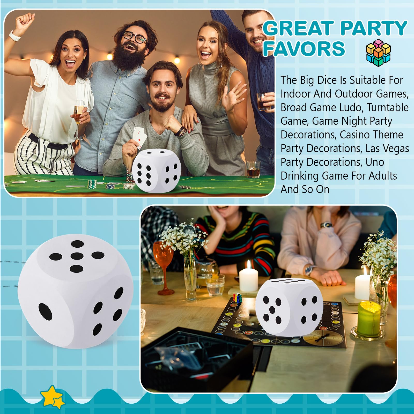 Shappy foam dice in a game night setup for family play