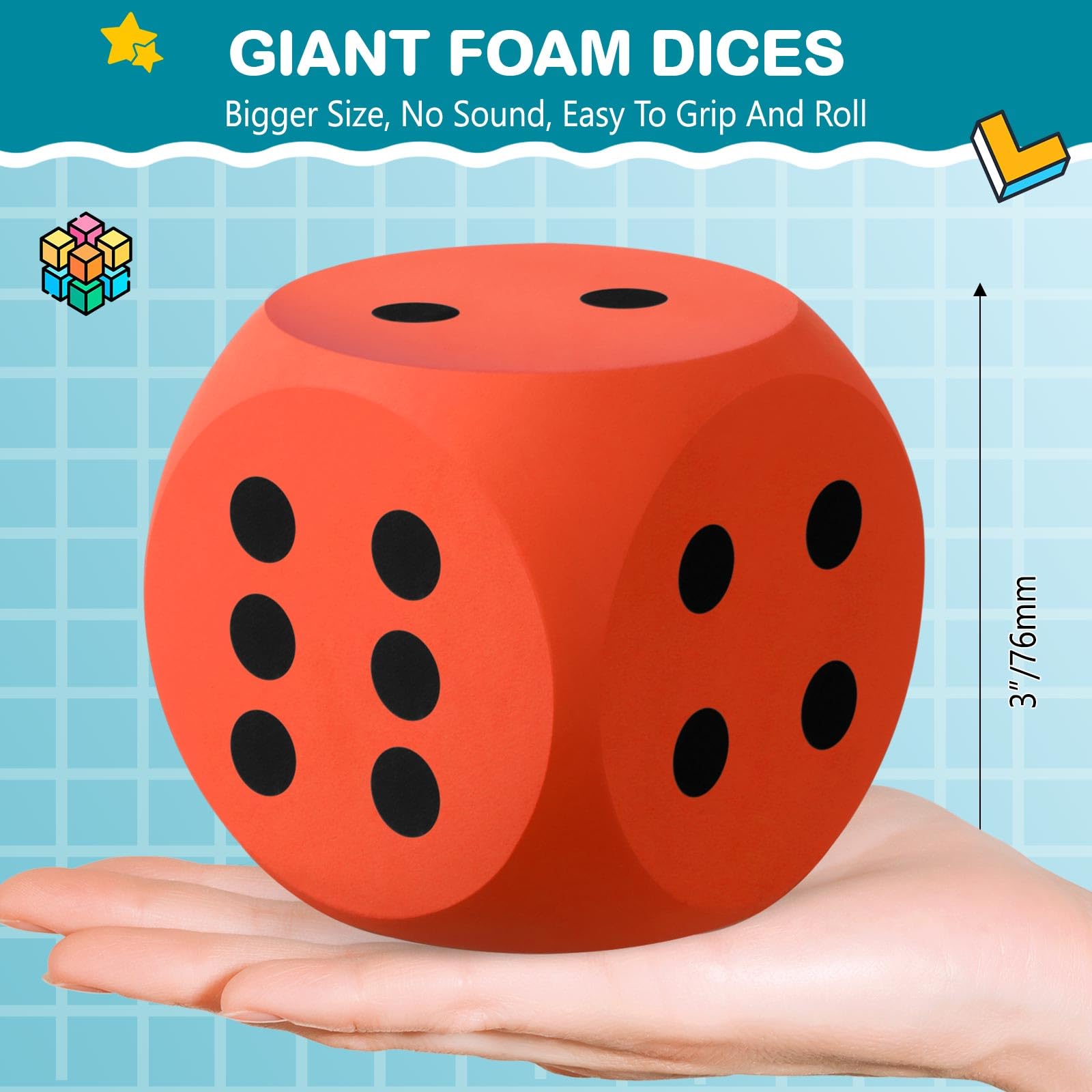 Shappy foam dice close-up texture shows soft, lightweight material.