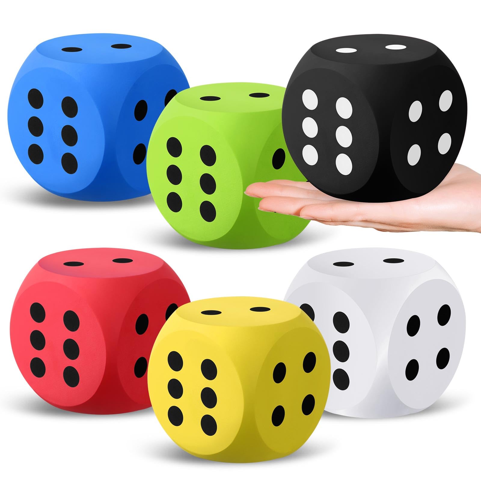 Shappy foam dice, giant three-inch size, colorful and easy to handle for kids.