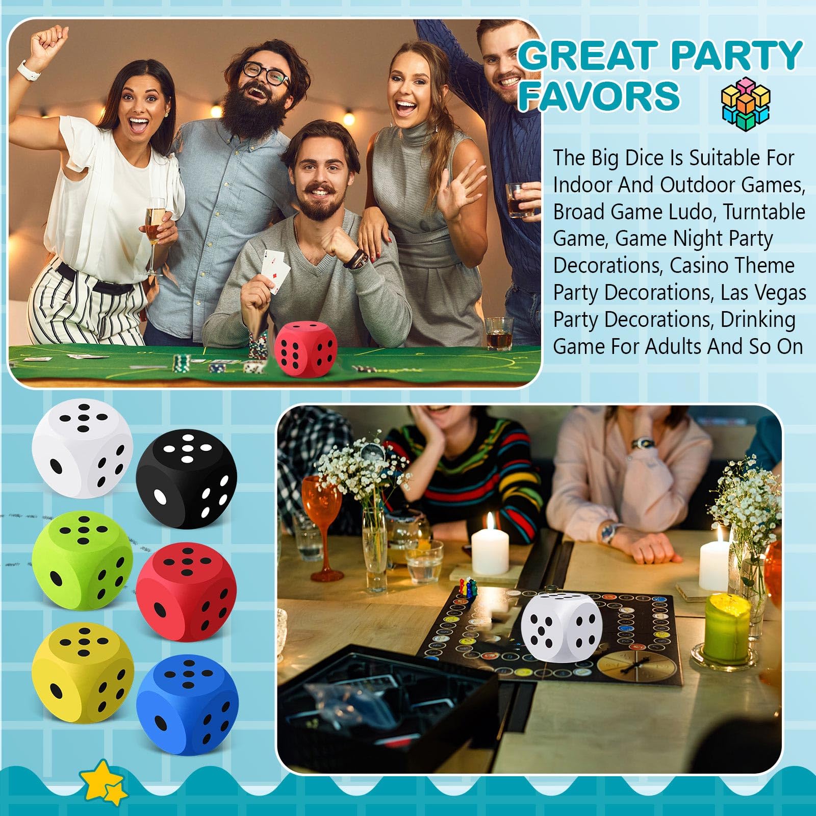 Shappy foam dice packaged for easy storage after play.