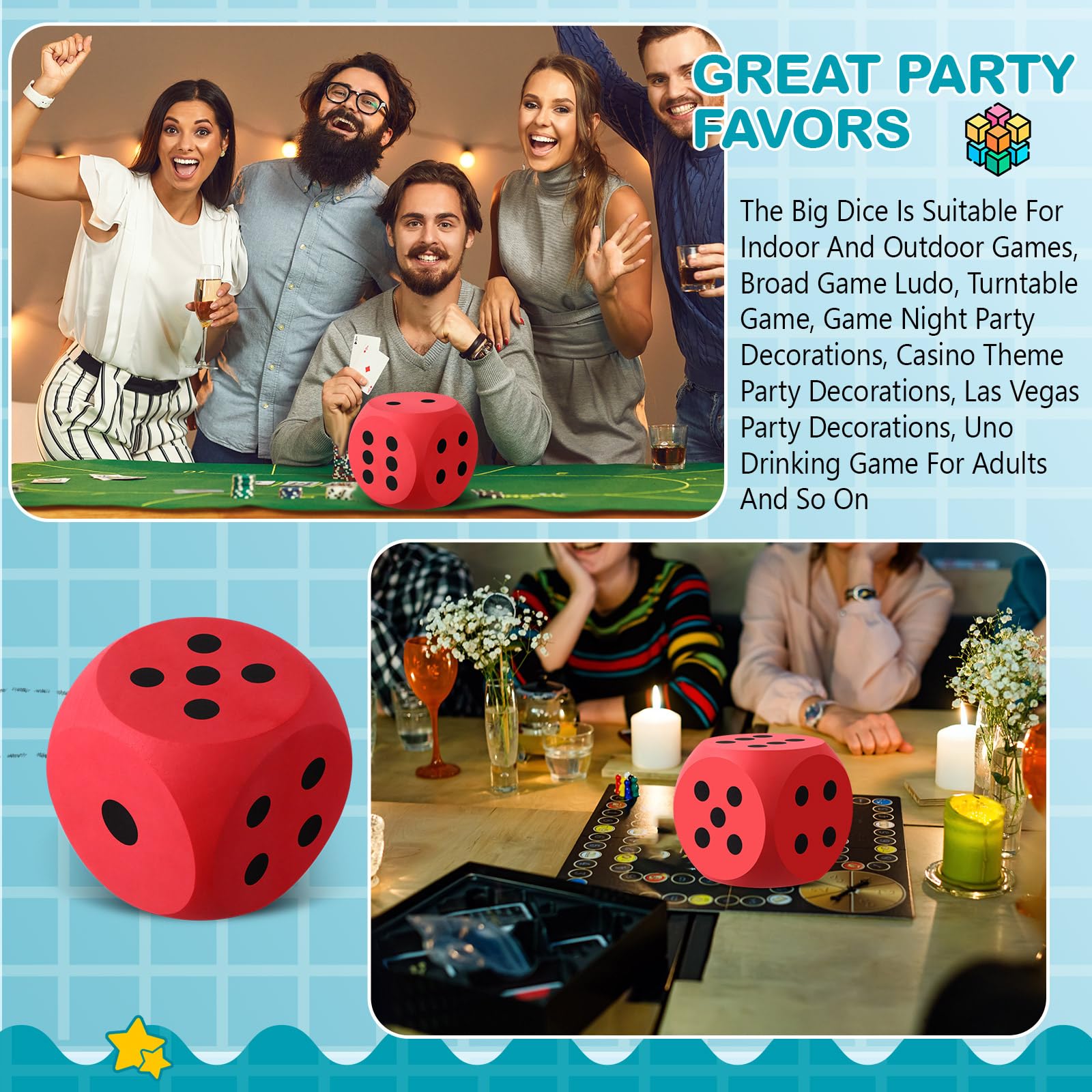 Shappy foam dice game night scene highlights vibrant red colors.
