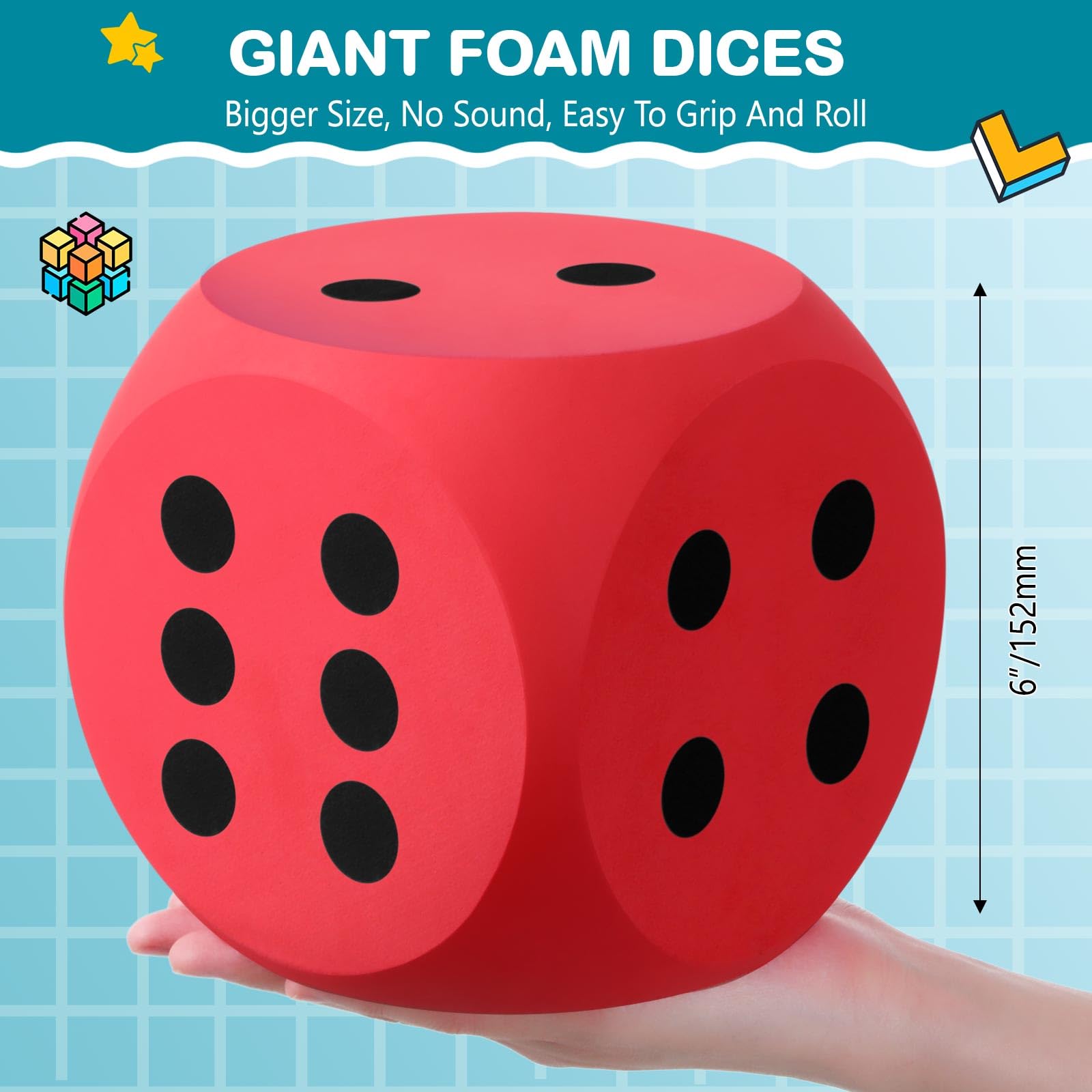 Shappy giant foam dice 6 inches red on tabletop for engaging game nights.