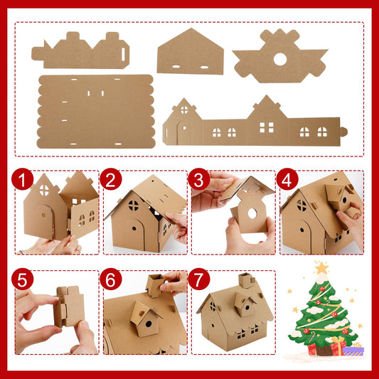 Shappy gingerbread houses with paints and brushes for creative crafting.
