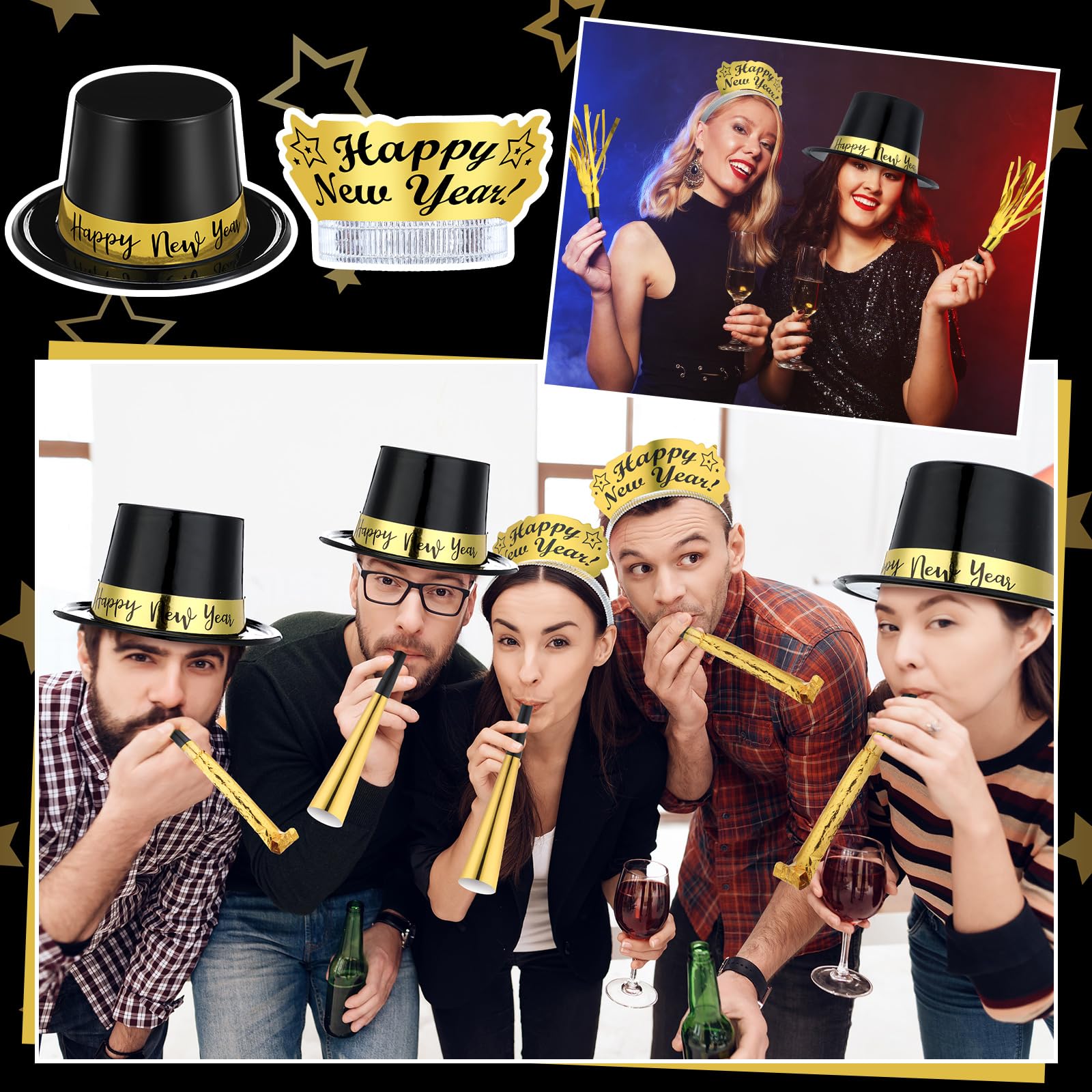Shappy New Year party decor setup in black and gold for celebrations