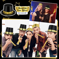 Shappy New Year party decor setup in black and gold for celebrations